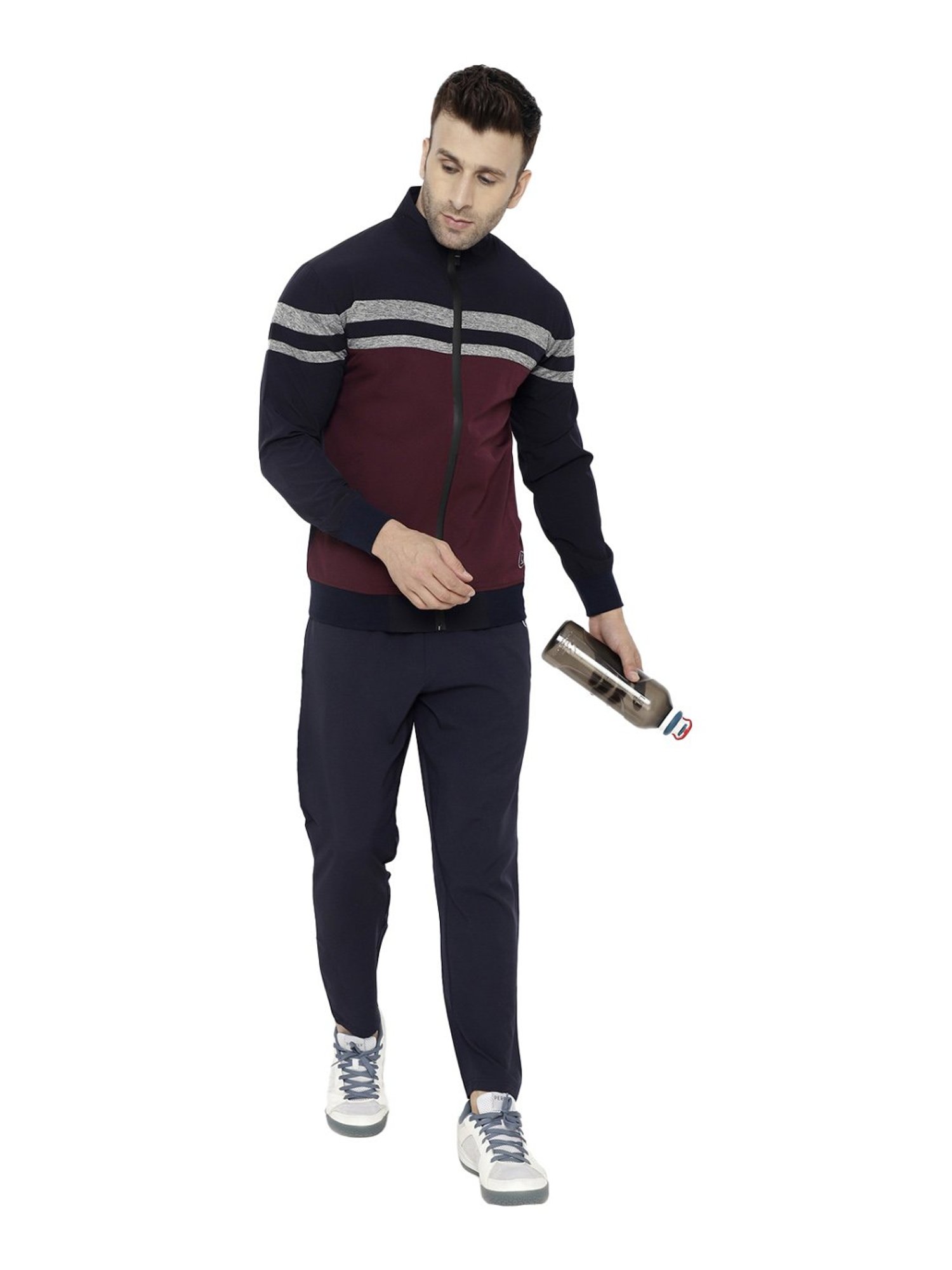 Chkokko Navy & Maroon Regular Fit Colour Block Sports Jacket