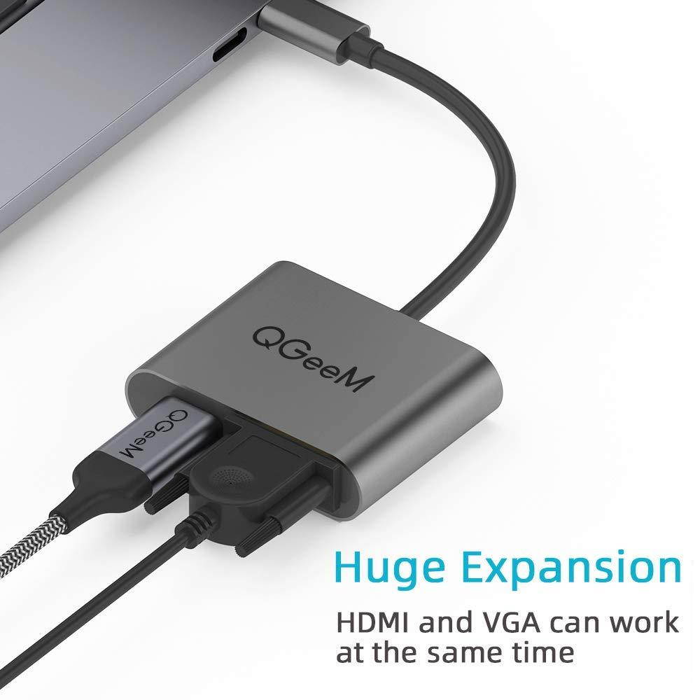 USB C to HDMI VGA Adapter, QGeeM 2-in-1 Type C to VGA HDMI Adapter (Thunderbolt 3 Compatible) for MacBook Pro, iMac 2017, Chromebook Pixel, Galaxy S8/S8Plus and More