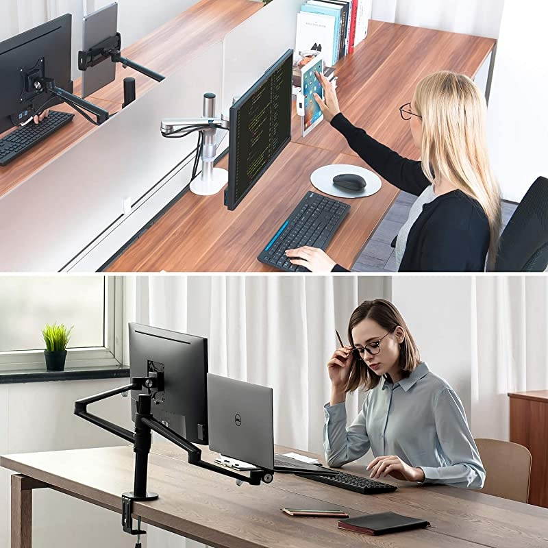 Monitor and Laptop or Tablet Mount 3in1 Adjustable Dual Arm Desk Stands Monitor Arm for 1732 Computer Screens Tablet Arm for 413 TabletPhone Extra Tray Fits 1217 Laptop OL3TBR