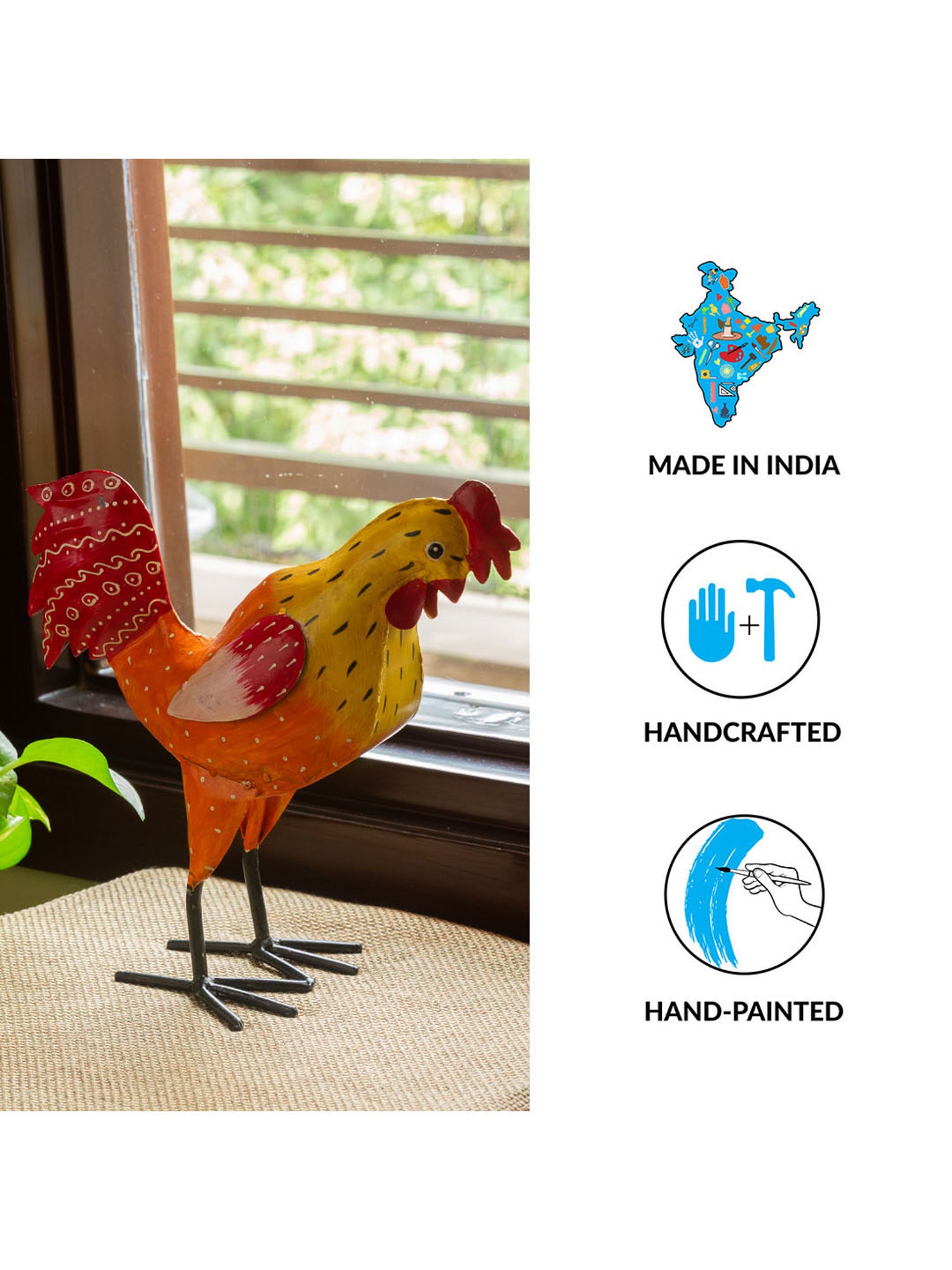 ExclusiveLane Yellow & Orange Sheet Metal Rooster Ruckus Garden Showpiece - Set of 1