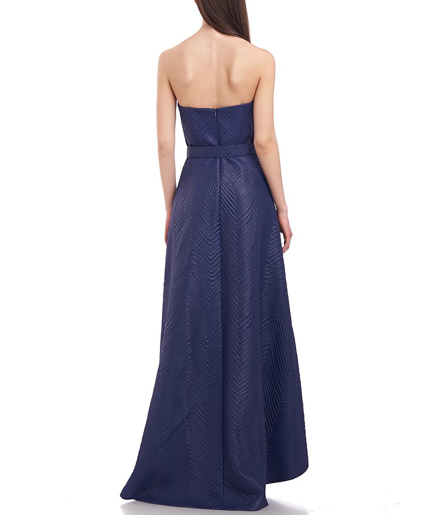 Kay Unger Strapless Belted Jacquard High-Low Gown