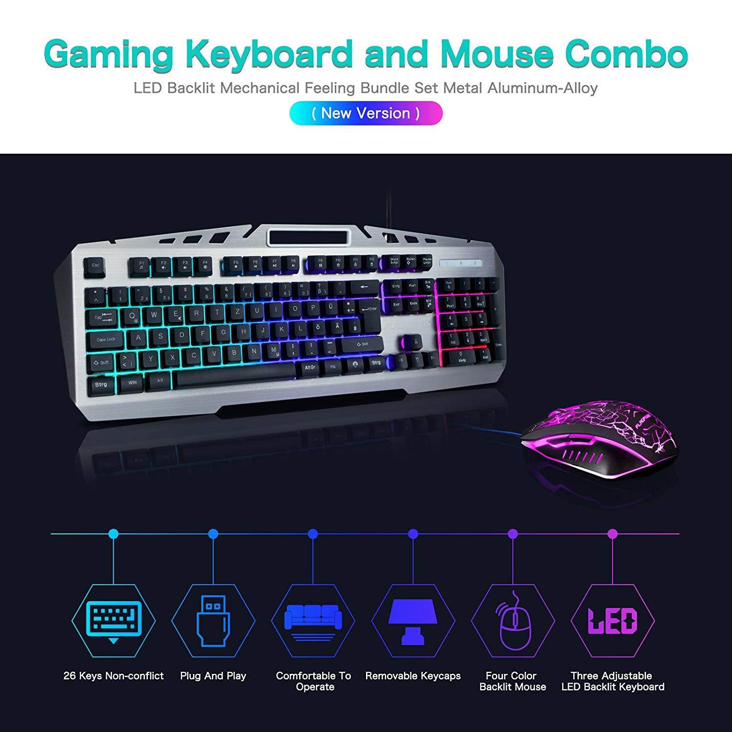 FLAGPOWER Gaming Keyboard Mouse Combo LED Backlit Mechanical Feeling Bundle Set Metal Aluminum-Alloy Phone Holder Computer PC Games Office(New Version)