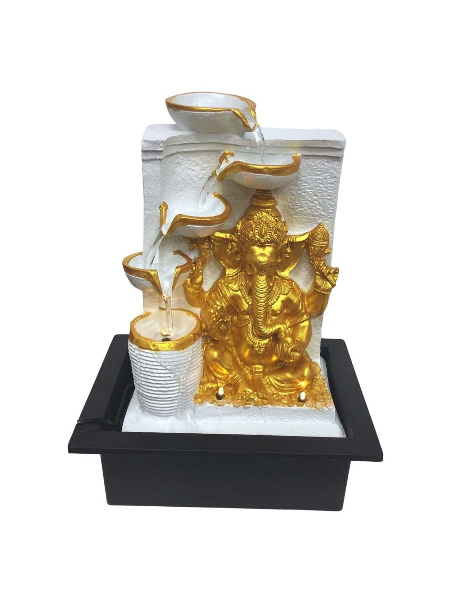CHRONIKLE White & Gold Polyresin Ganesha Idol 4 Steps Waterfall Fountain