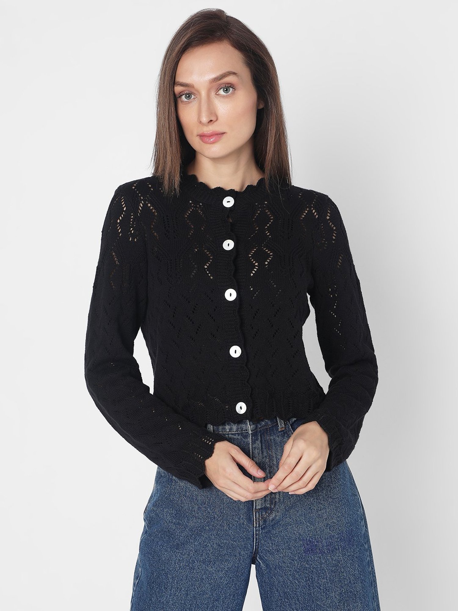Vero Moda Black Cotton Self Design Cardigan