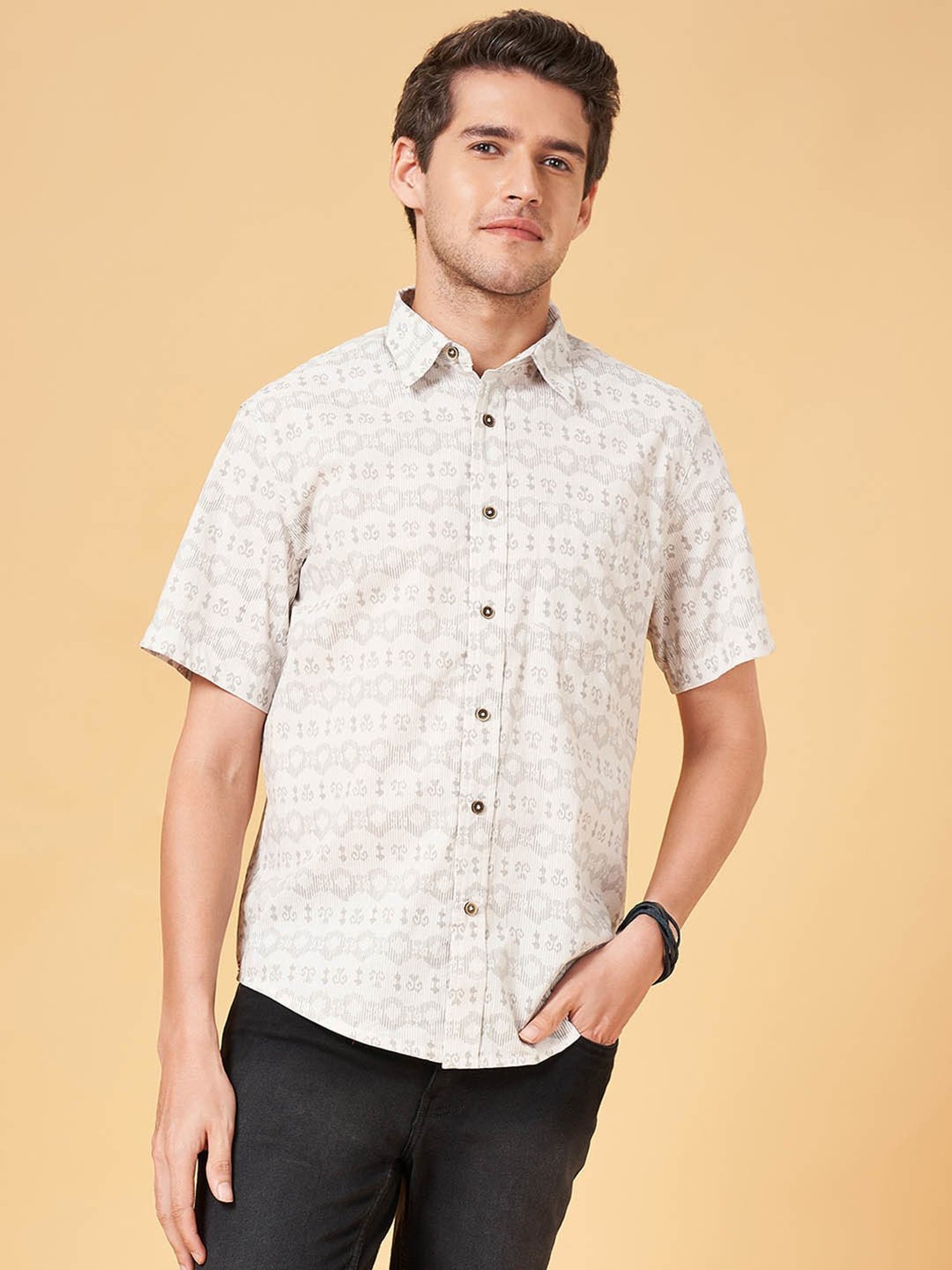 Indus Route by Pantaloons Grey Cotton Regular Fit Printed Shirt