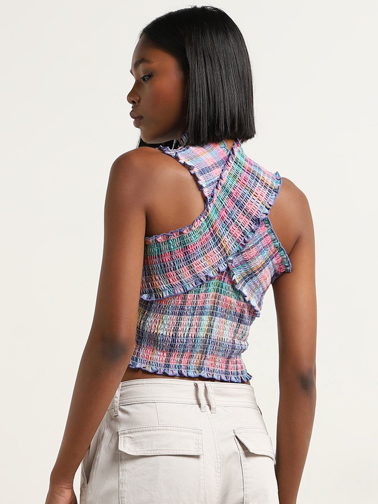 Nuon by Westside Multicolour Checks Design Criss-Cross Cotton Crop Top