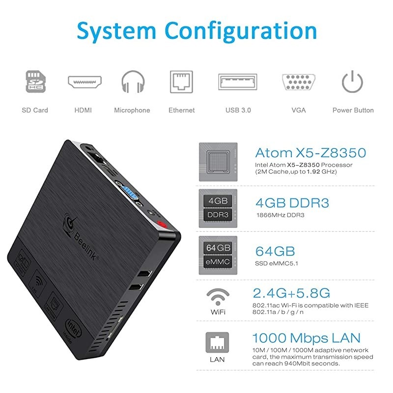 Mini PC  T4,Windows 10 Intel Atom X5-Z8500 Quad Core Ultra-Quiet Mini Computer,4GB DDR/64GB eMMC,HDMI&DP Port,4K@30Hz HD,2.4G+5G WiFi,Support Auto Power On, PXE Boot, WOL