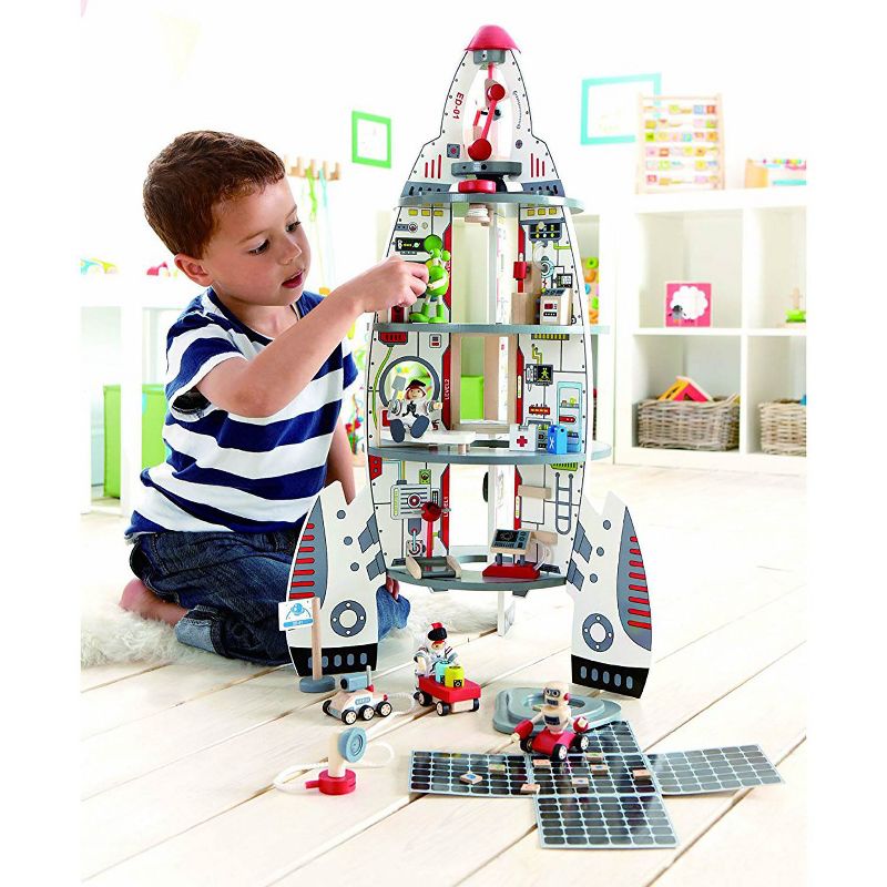 Hape Multi Level 4 Tier 37 Piece Wooden Discovery Spaceship Center Kids Activity Play Set with Accessories