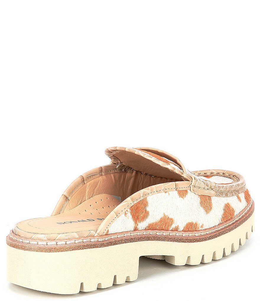Donald Pliner Hillie Cow Print Calf Hair Penny Lug Sole Loafer Mules