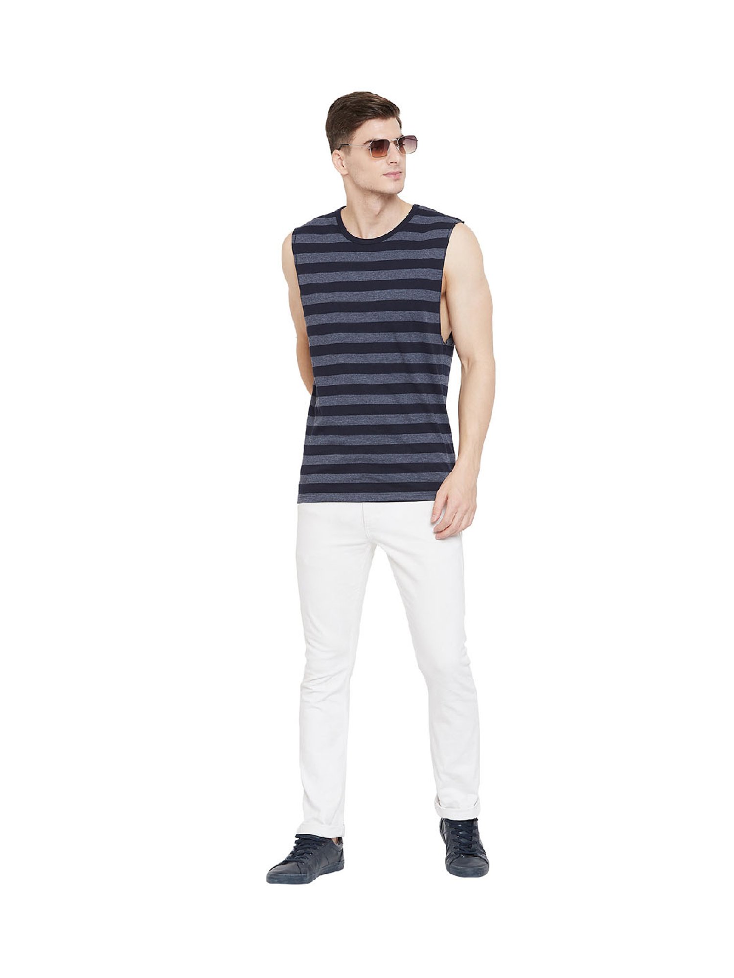 Hypernation Blue & Grey Stripes Cotton T-Shirt