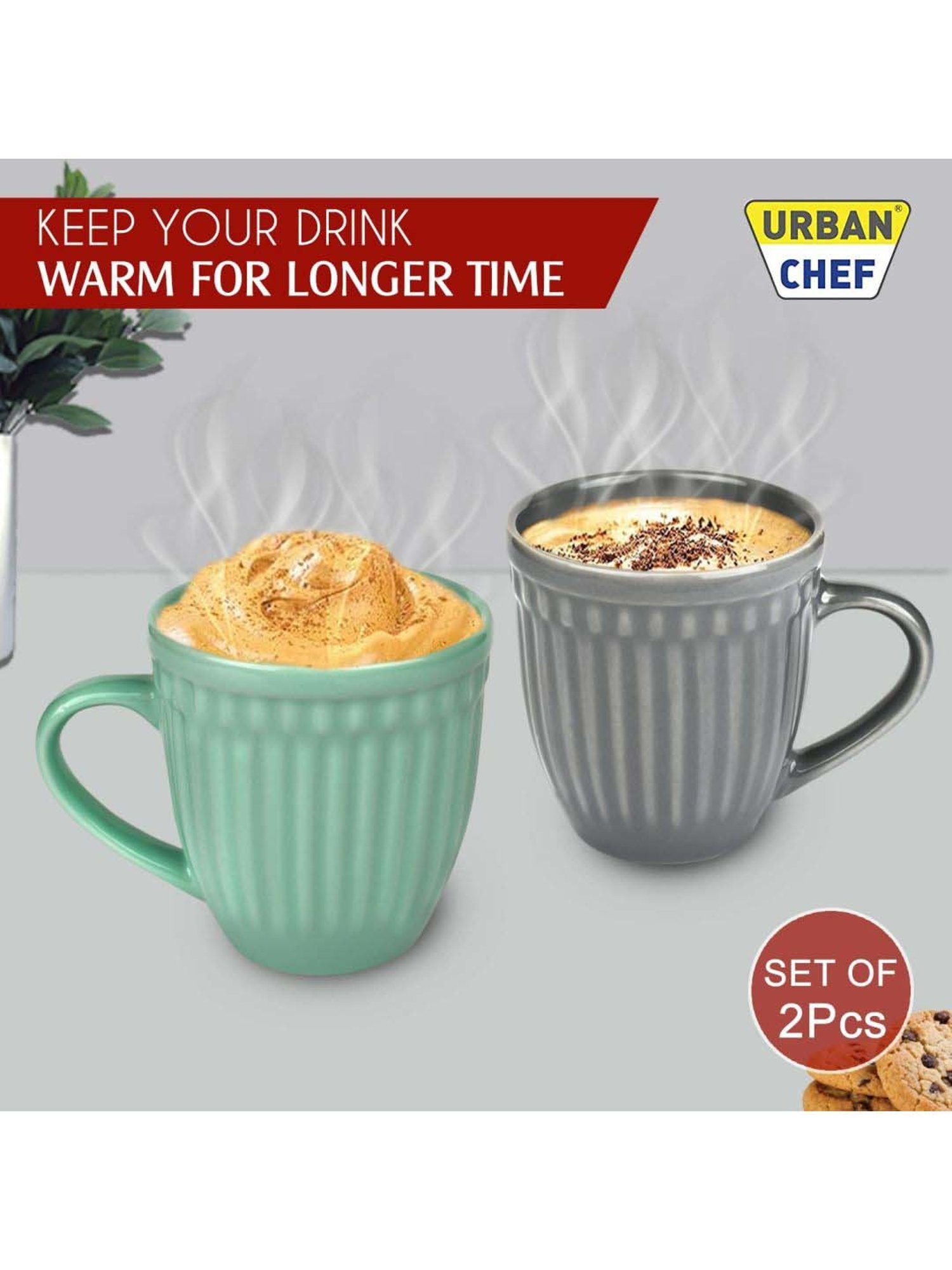 Urban Chef Grey & Green Ceramic Handcrafted Microwave Safe Tea Cup - Set of 2