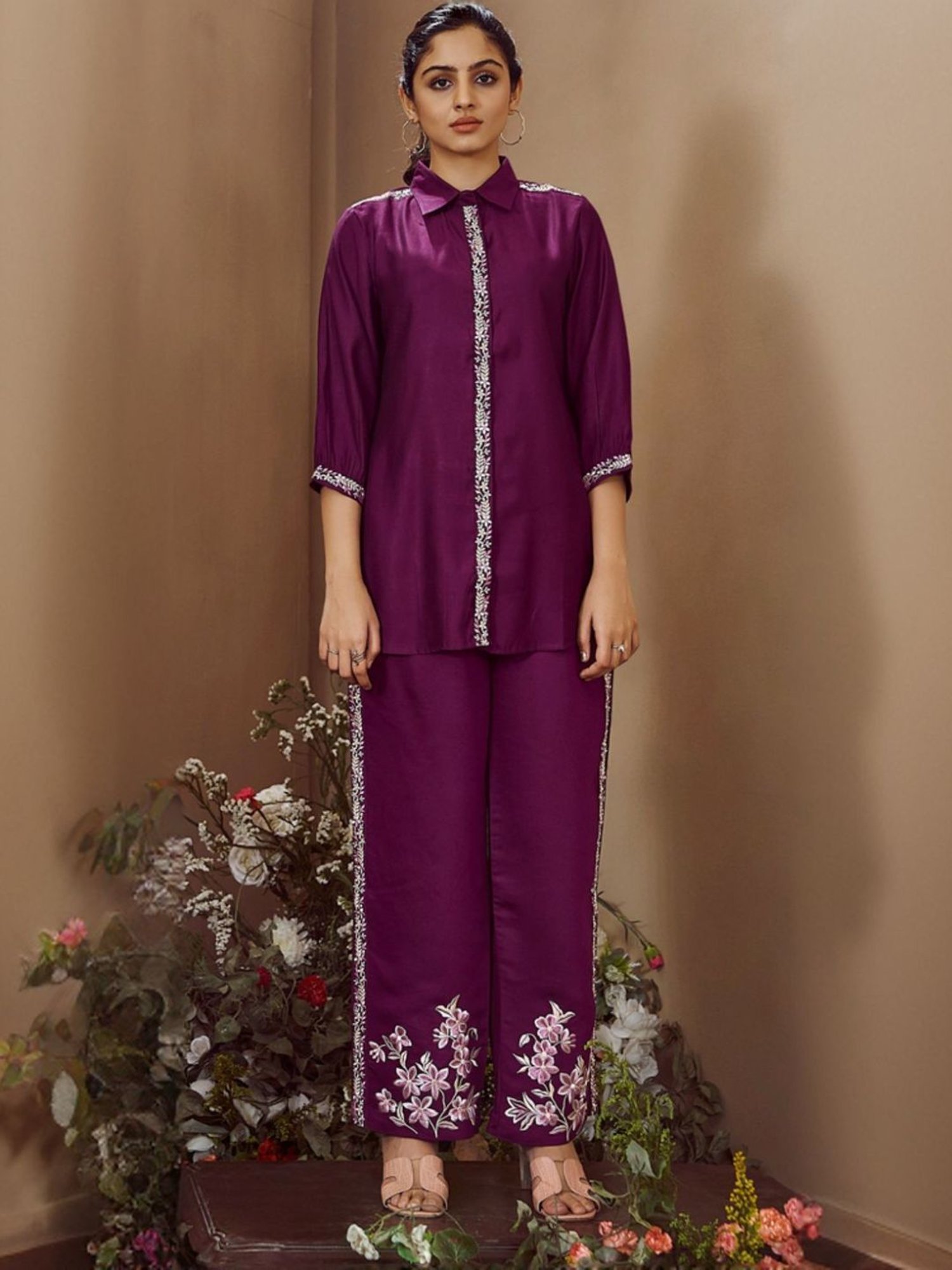 Autumnlane Wine Malini Mulberry Embroidered Tunic with Pant Co-ord Set