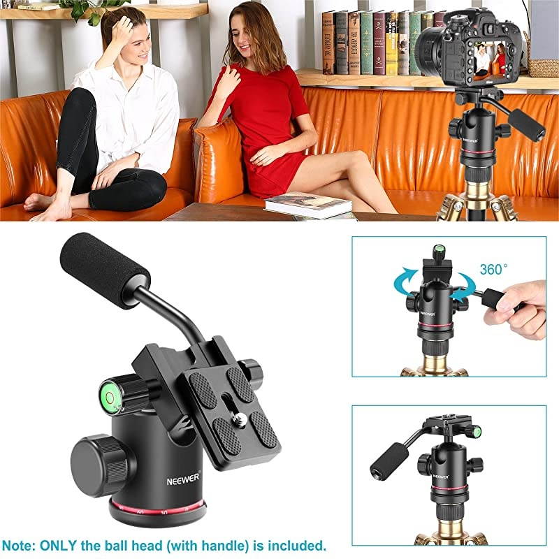 Heavy Duty Camera Tripod Ball Head with Handle and 1/4 inch Quick Shoe Plate, 360 Degree Panoramic Head for Tripod, Monopod, Slider, DSLR Camera, Camcorder, Load up to 17.6 pounds/8 kilograms