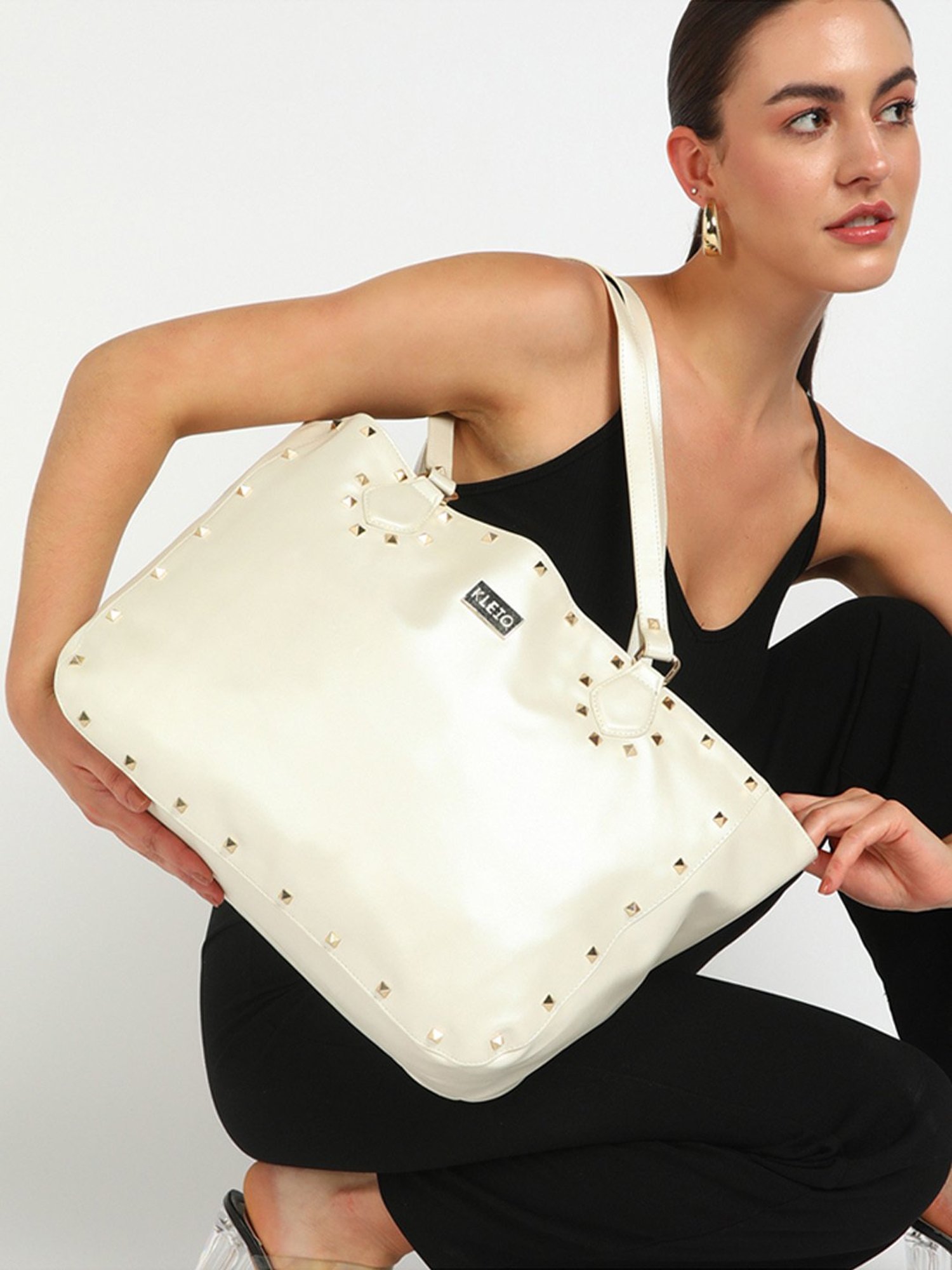 KLEIO Gold White Studded Medium Leather Tote Handbag