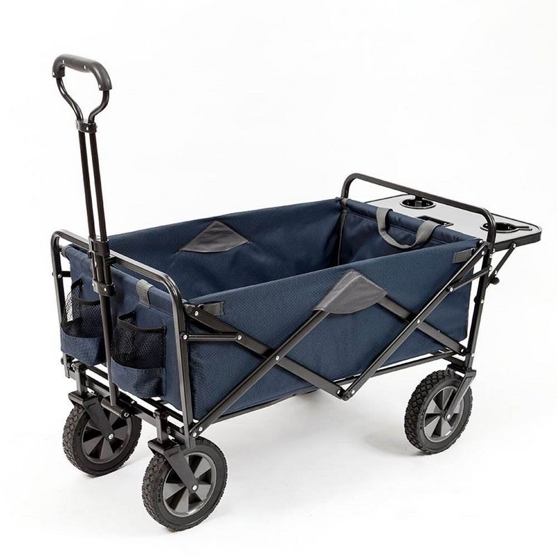Mac Sports Heavy Duty Steel Frame Collapsible Folding 150 Pound Capacity Outdoor Garden Utility Wagon Yard Cart with Table and Cup Holders, Navy