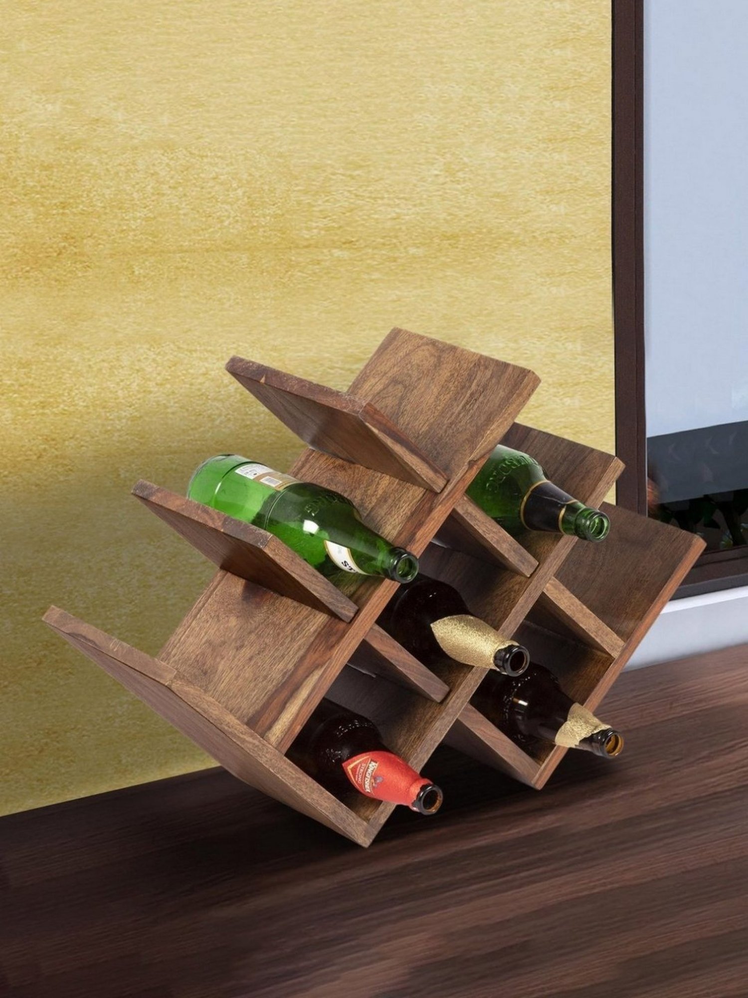Ikiriya Kassel Solid Brown Wood Wine Rack Teak Finish