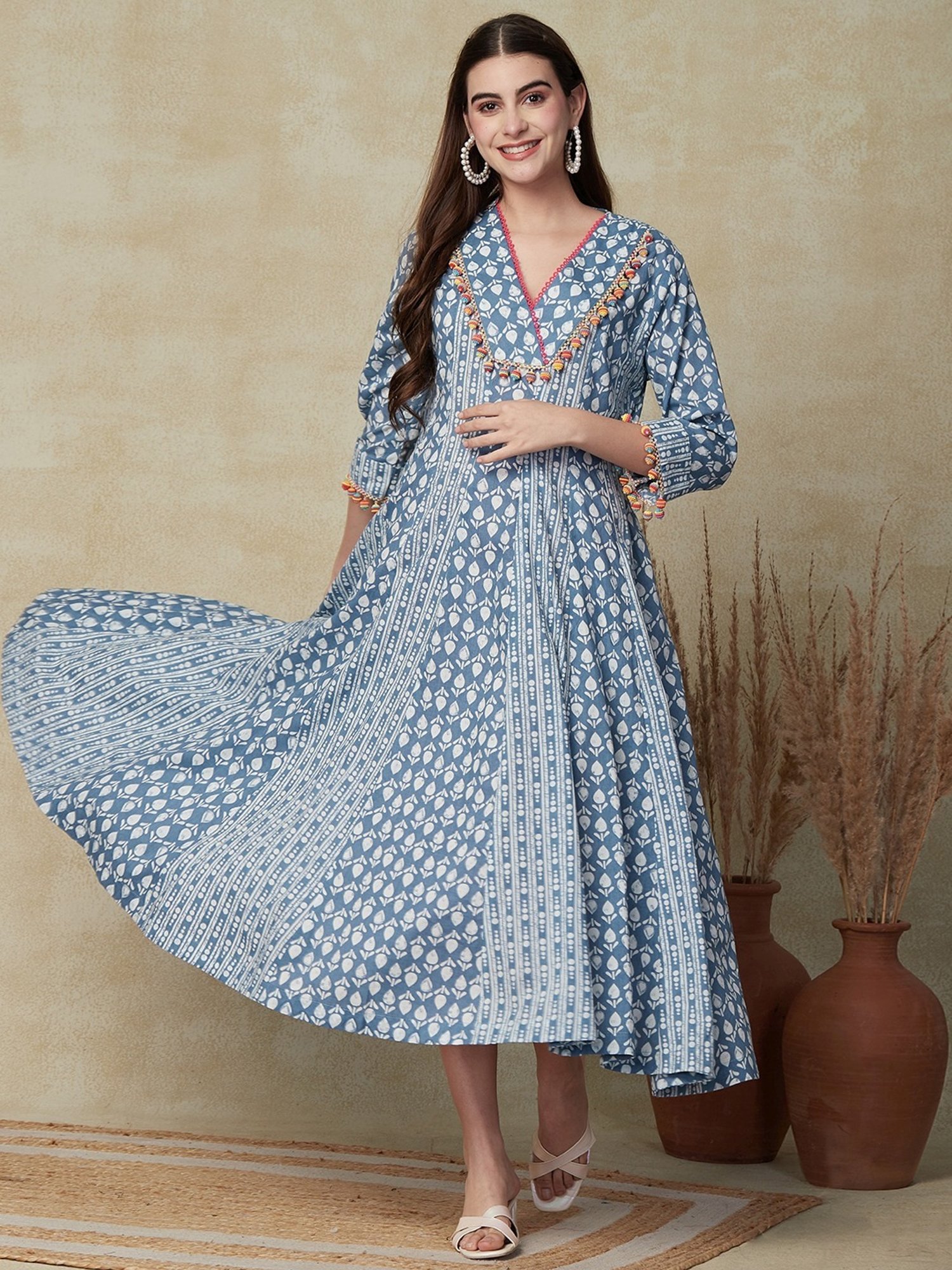 Fashor Blue Cotton Printed A-Line Dress