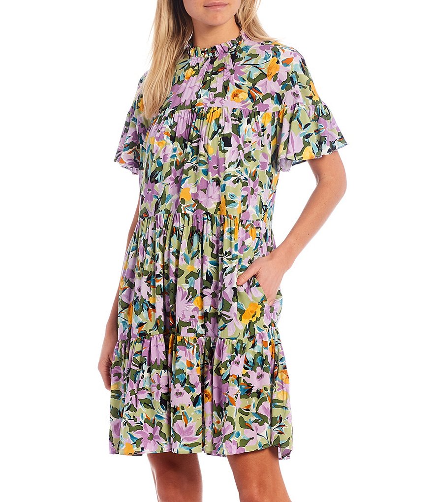 Donna Morgan Flutter Sleeve Ruffle Mockneck Floral Challis Swing Dress