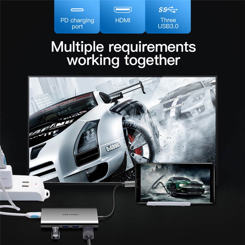 Vention 10 in 1 Type C Docking Station ,USB C Adapter with 4K HDMI, VGA,1000M Ethernet RJ45,3*USB3.0,100W PD 3.0,SD&TF Card Reader ,3.5mm Aux Compatible for MacBook Air Pro,and more USB-C Laptops