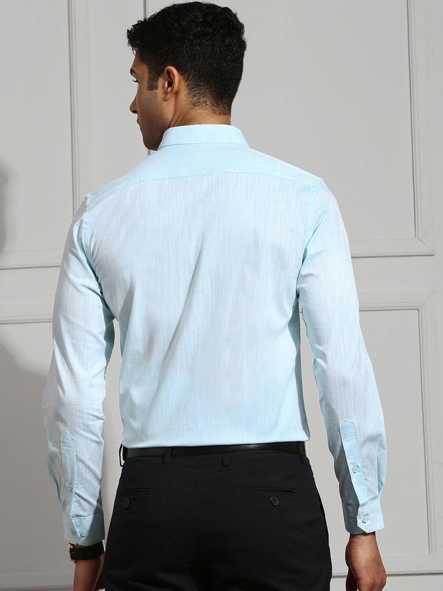 Ramraj Light Blue Regular Fit Textured Cotton Shirt