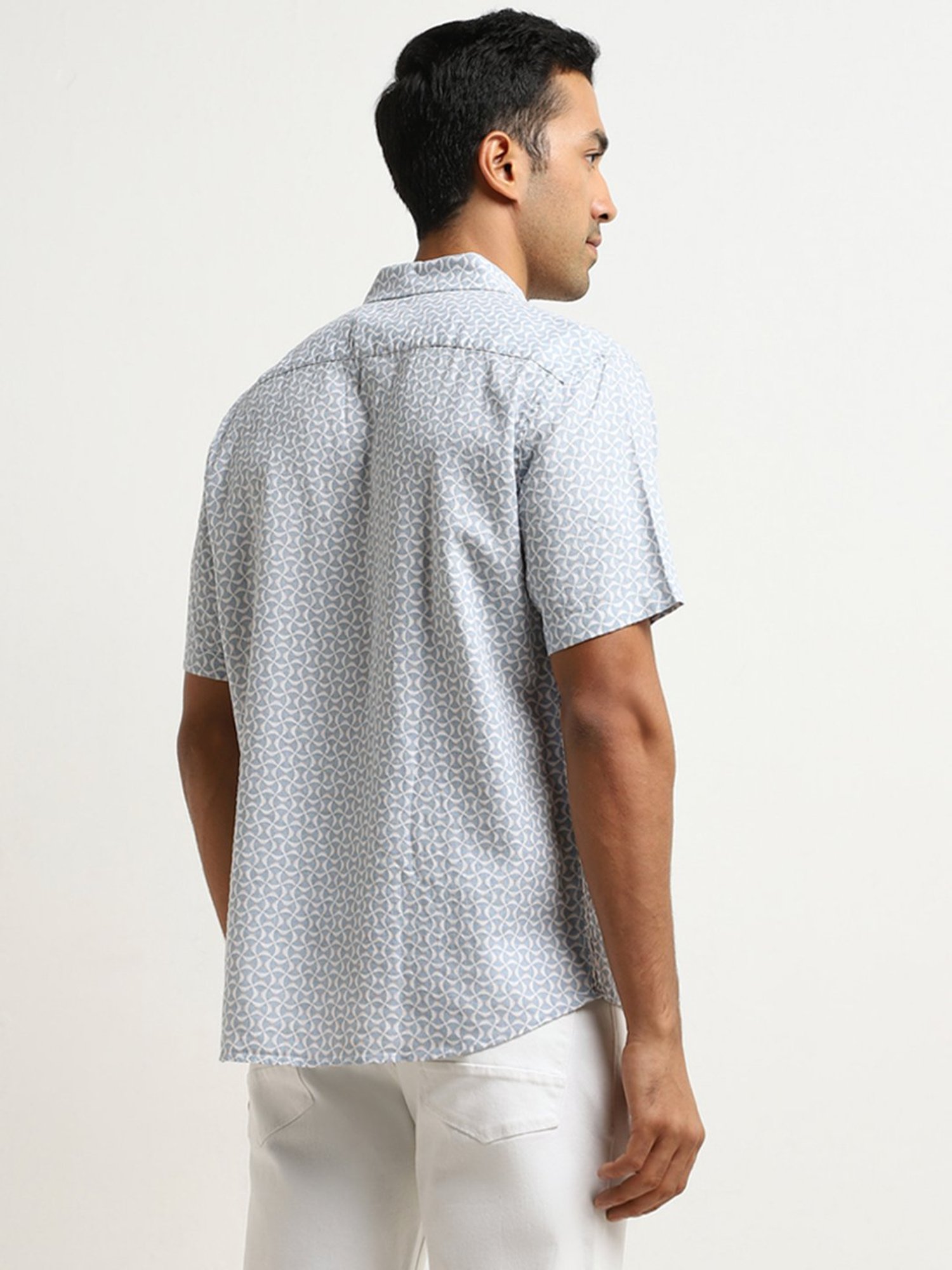 Ascot by Westside Blue Geometric Print Relaxed-Fit Blended Linen Shirt