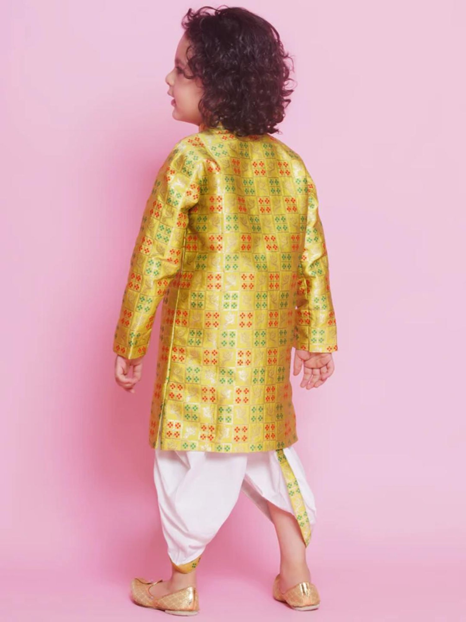 Little Bansi Kids Green & White Self Design Full Sleeves Sherwani with Dhoti