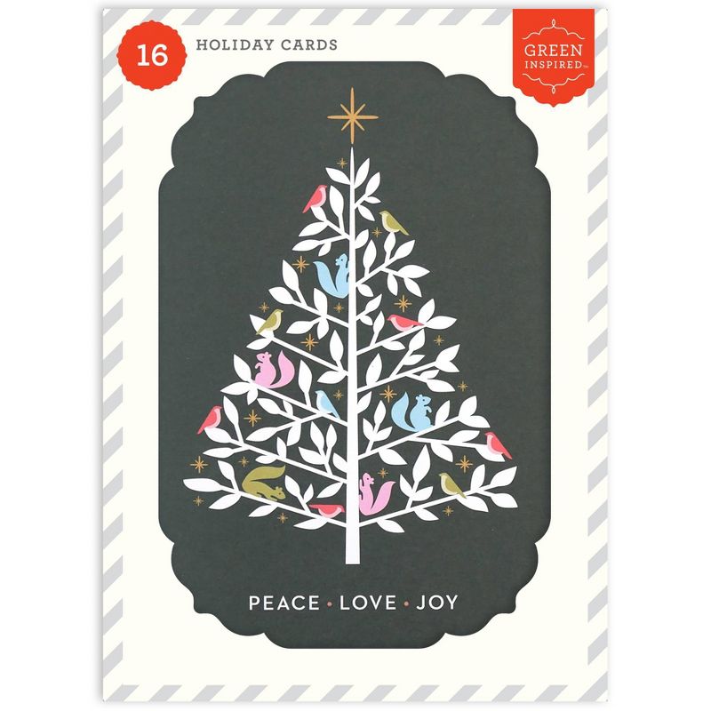 Green Inspired Peace Love Joy Tree Boxed Cards 16ct