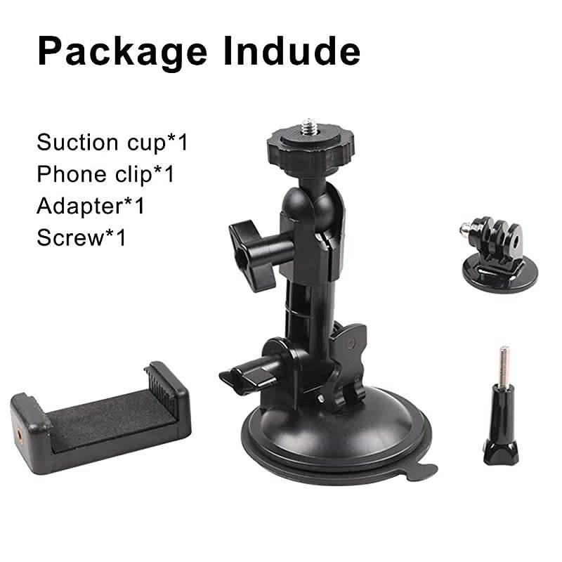 Suction Cup Camera Car Mount with Tripod Adapter and Phone Holder for GoPro Hero 8765 Black4 Session4 Silver3+iPhoneDJI Osmo ActionSamsung GalaxyGoogle Pixel and More