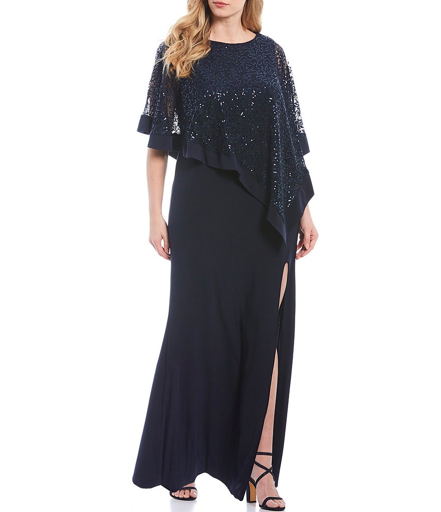 R & M Richards Plus Size Sequin Lace Poncho Overlay 2-Piece Gown