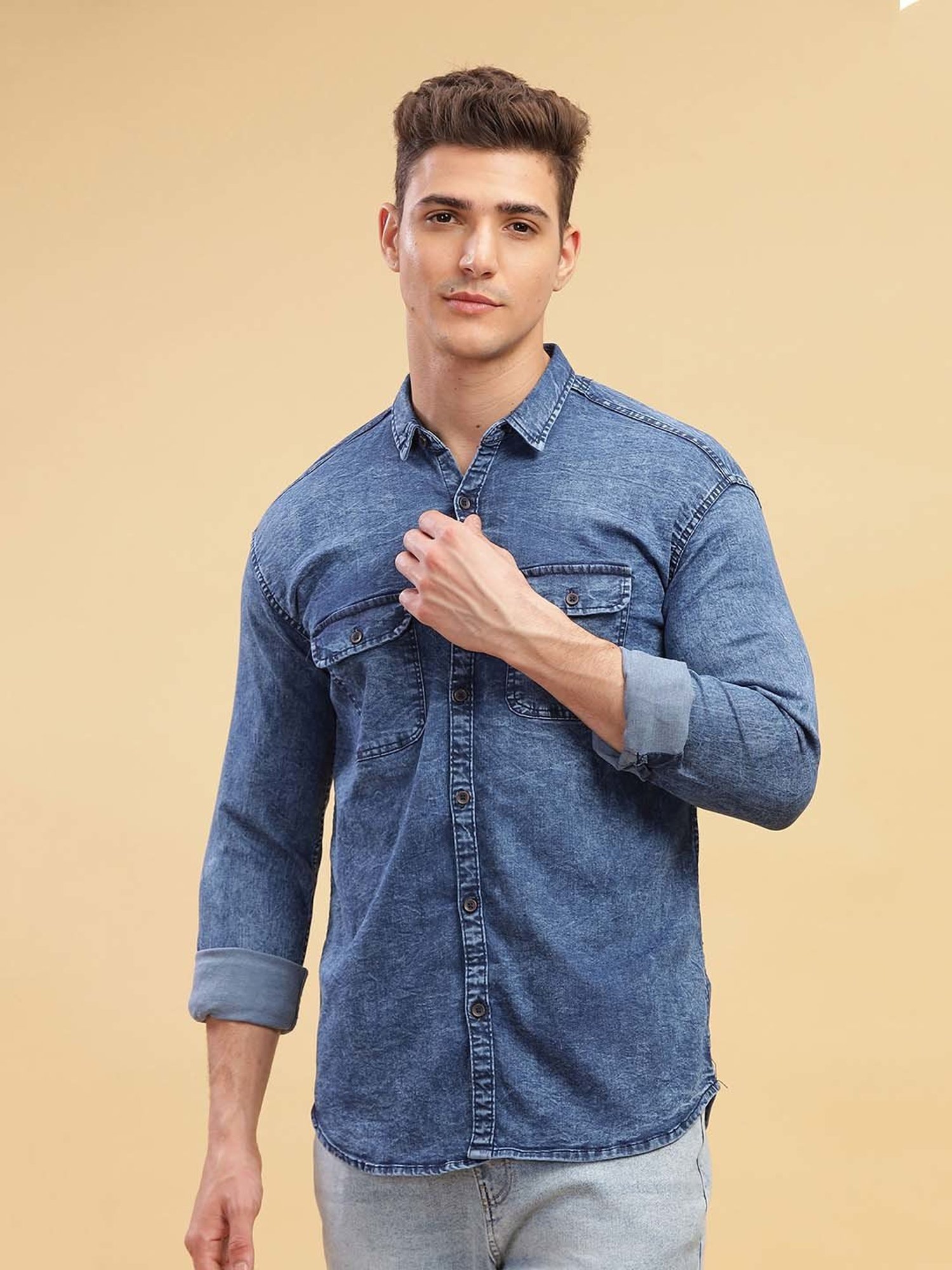 Kuons Avenue Blue Slim Fit Denim Shirt