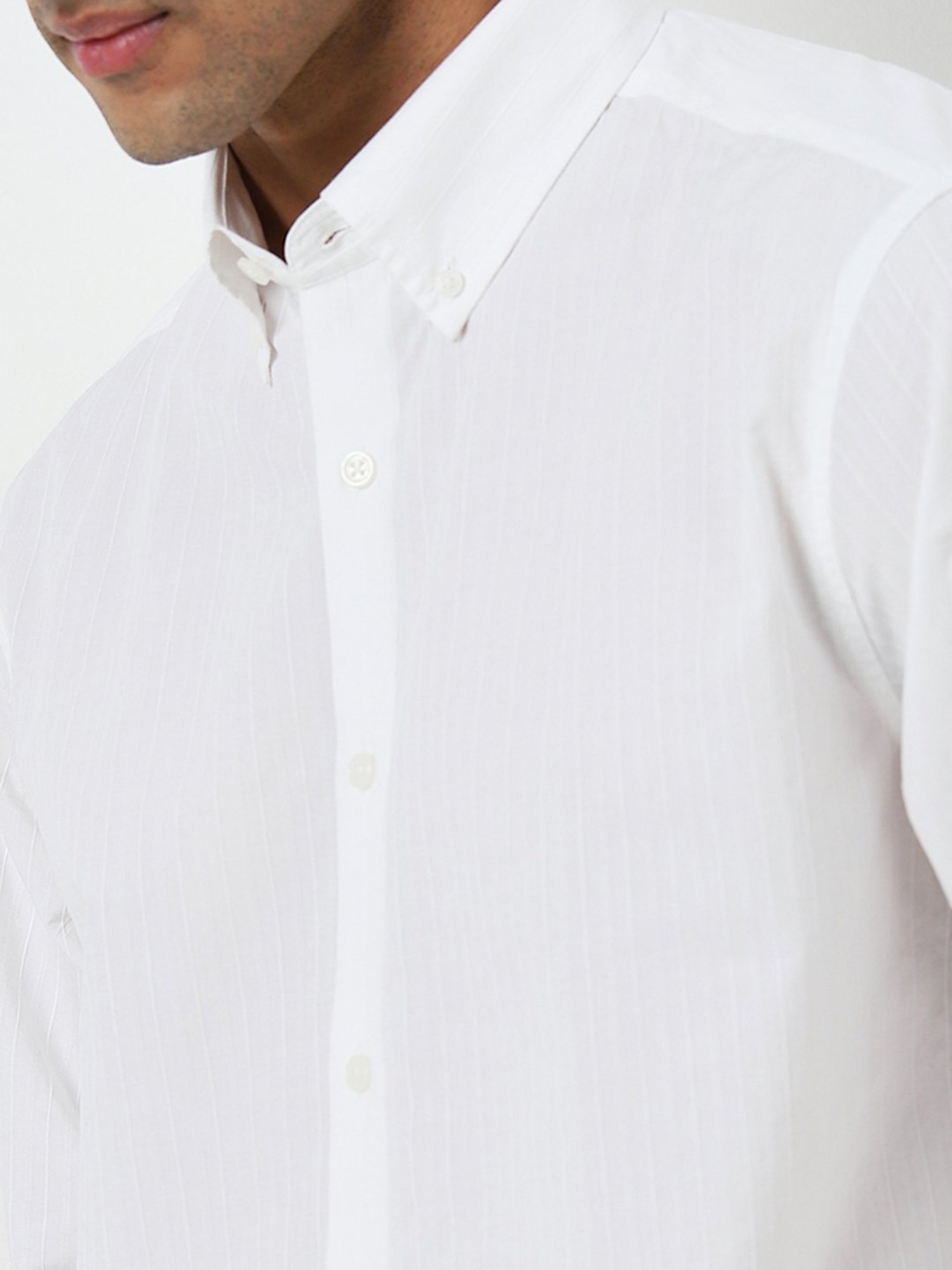 Ascot by Westside White Textured Stripes Relaxed-Fit Cotton Shirt
