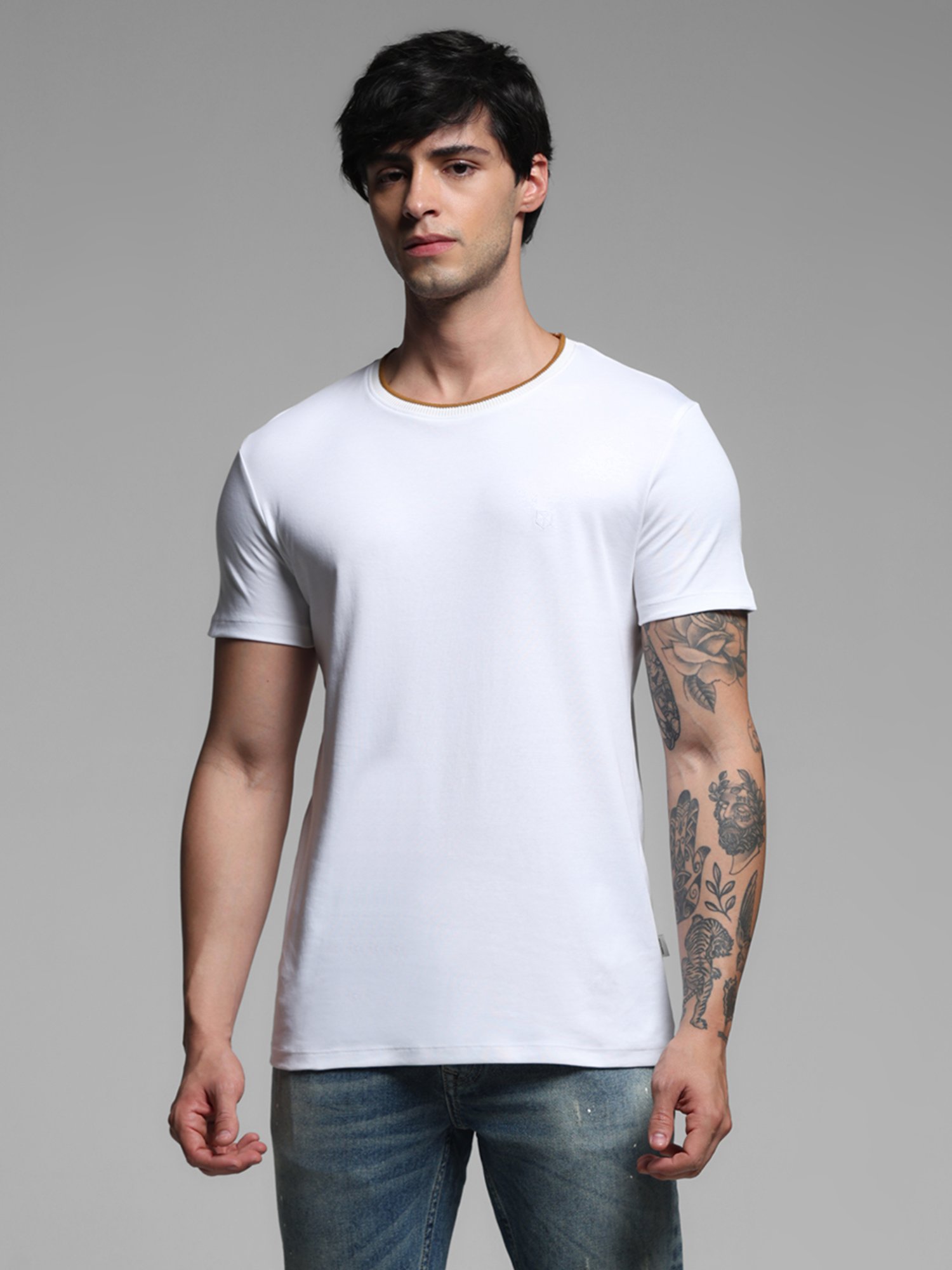 Jack & Jones White Cotton Slim fit Solid T-Shirts