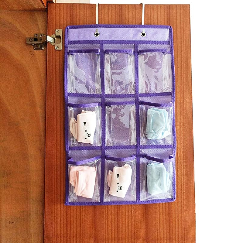 Hanging Closet Underwear Sock Storage Over The Door Jewelry Organizer Clear Pockets PURPLE12 9 Pockets Pack