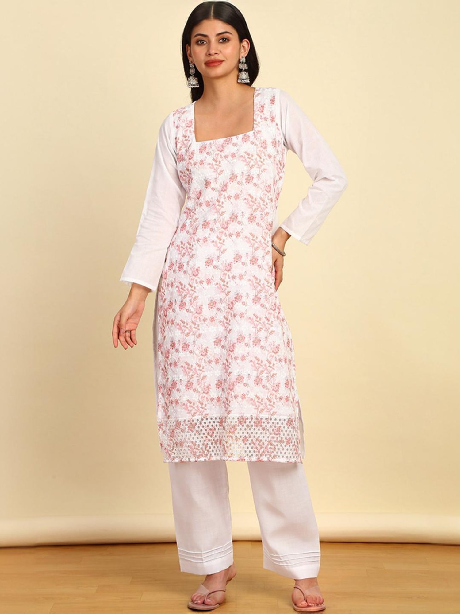 Soch Womens Pink Floral Print Cotton Unstitched Dress Material With Schiffli