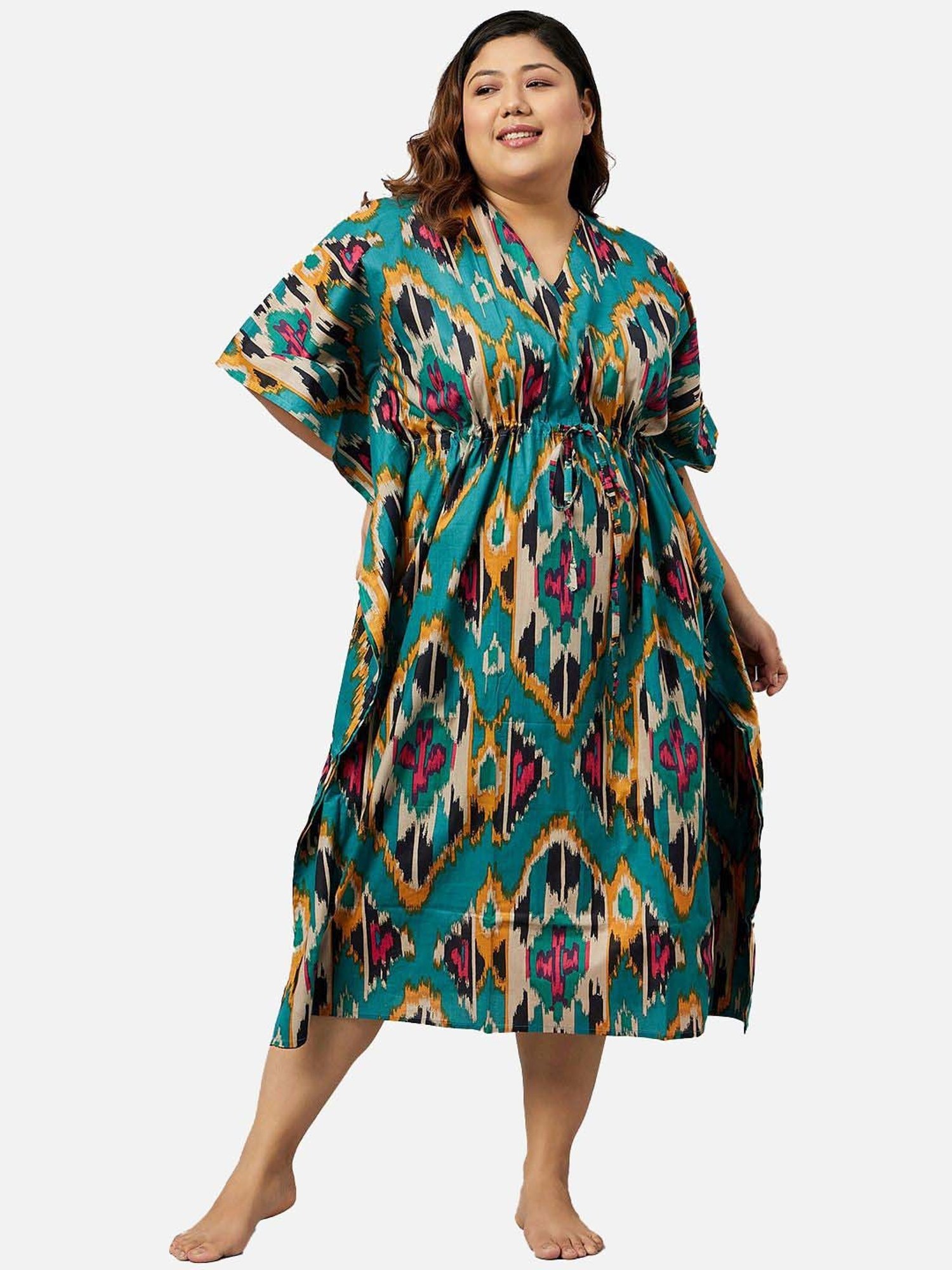 Secrets By ZeroKaata Teal Green Cotton Printed Kaftan