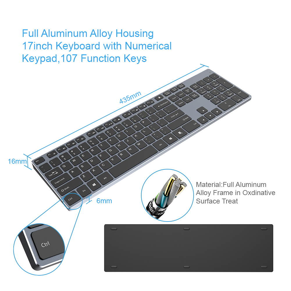 Aluminum USB Wired Keyboard with Numeric Keypad for PC Windows 10/8 / 7 / Vista/XP