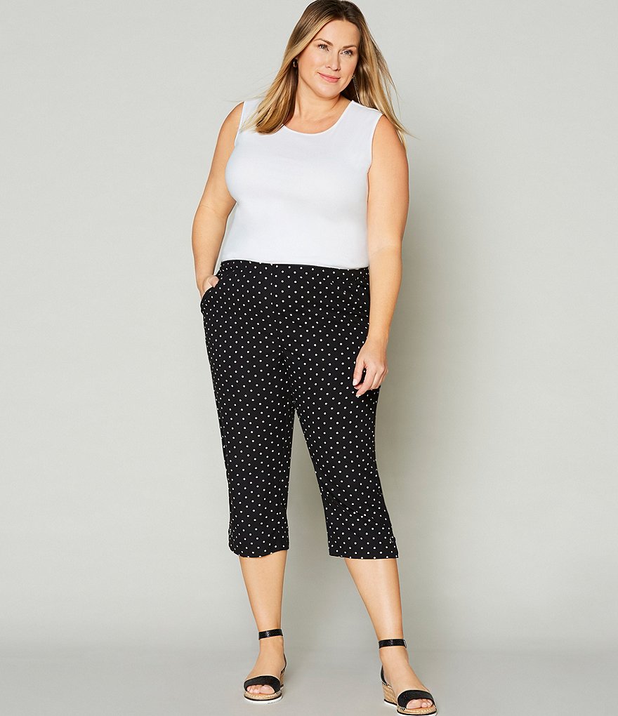 Allison Daley Plus Size Polka Dot Print Microfiber Twill Silver Ring Embellished Hem Detail Capri