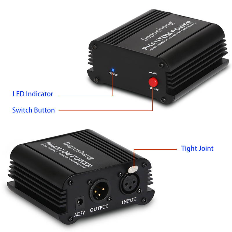 Depusheng USB 1- Channel 48V Phantom Power Supply w/ Adapter XLR Audio Cable for Condenser Micro Microphone Music Equipment