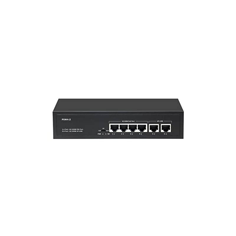4 Port PoE Switch Plug and Play PoE+ Switch with Additional 2 Uplink Port, Up to 30W Per Port, Total Budget 60W, 803.af Compliant, 10/100Mbps, Vlan, Extend Mode 600ft