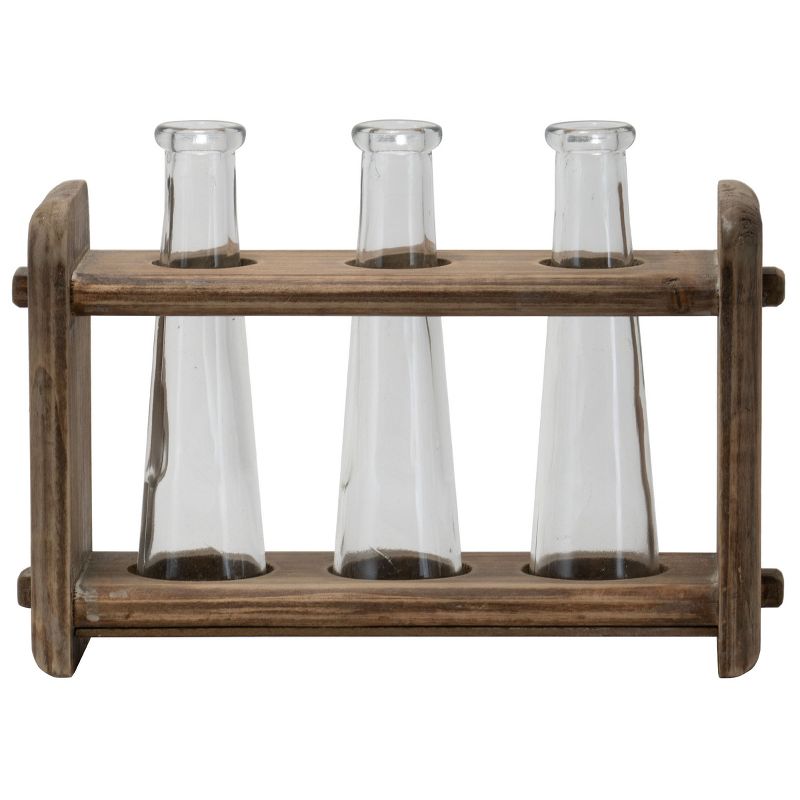 3 Glass Bud Vases in Natural Wood Stand - Foreside Home & Garden