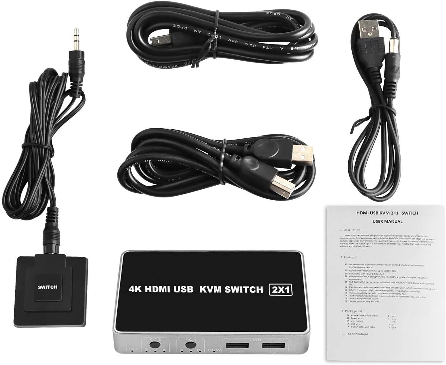 Pasow KVM Switch HDMI 2 in 1 Out 2 Port Keyboard Mouse Switcher USB Switch