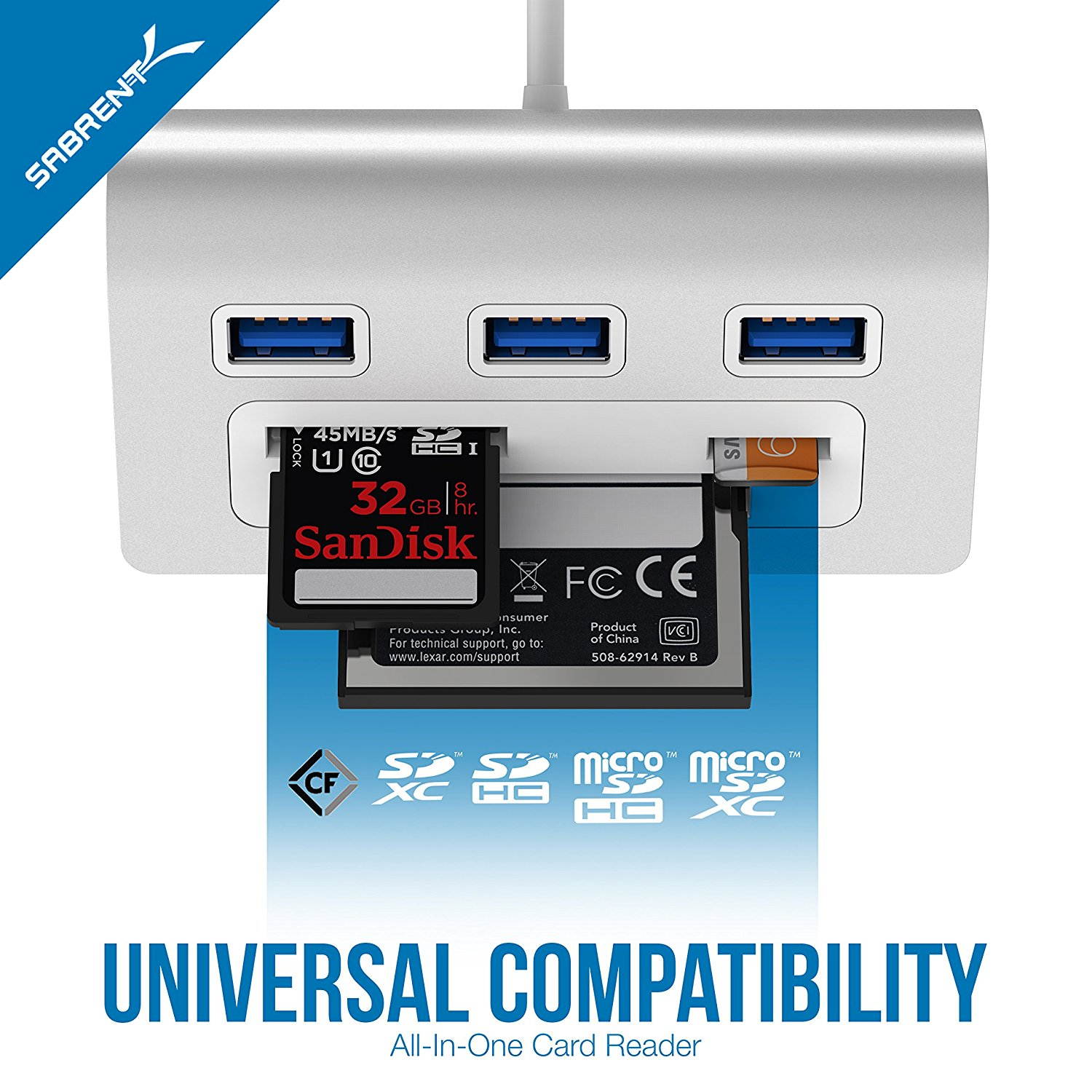 USB 3.0 HUB with Card Reader, Multi-Function 3 Port Aluminum USB 3.0 Hub with Multi-In-1 Card Reader (12" cable) for All Windows/Mac/Linux Systems, Plug-n-Play, Hot Swappable, Hot Pluggable