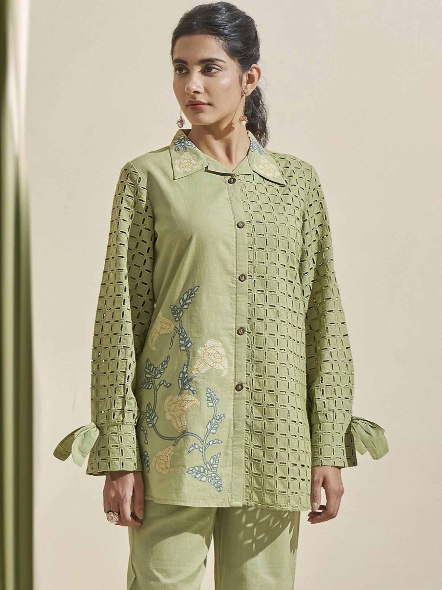 Autumnlane Green Cleo Fern Schiffli Cotton Shirt with Pant Co-ord Set