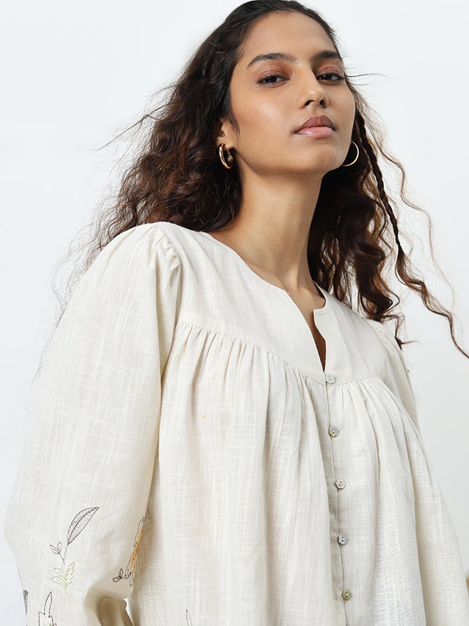 Bombay Paisley by Westside Off-White Floral Embroidered Cotton Blouse