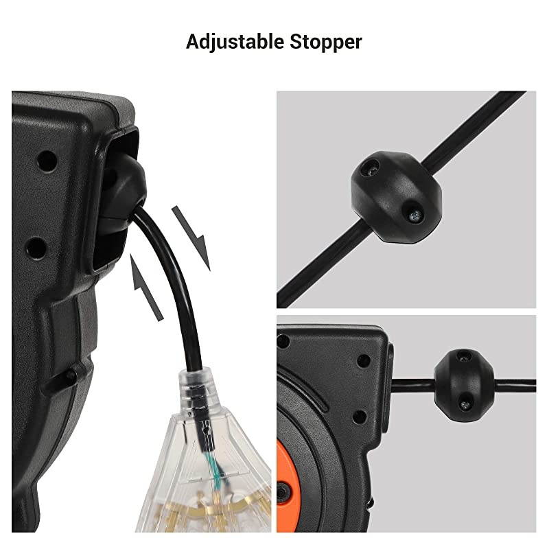 Retractable Extension Cord Reel 50 FT Heavy Duty Power Cord 14AWG3C SJTOW 3 Grounded Outlets Lighted Triple Tap 13 Amp Circuit Breaker UL Listed