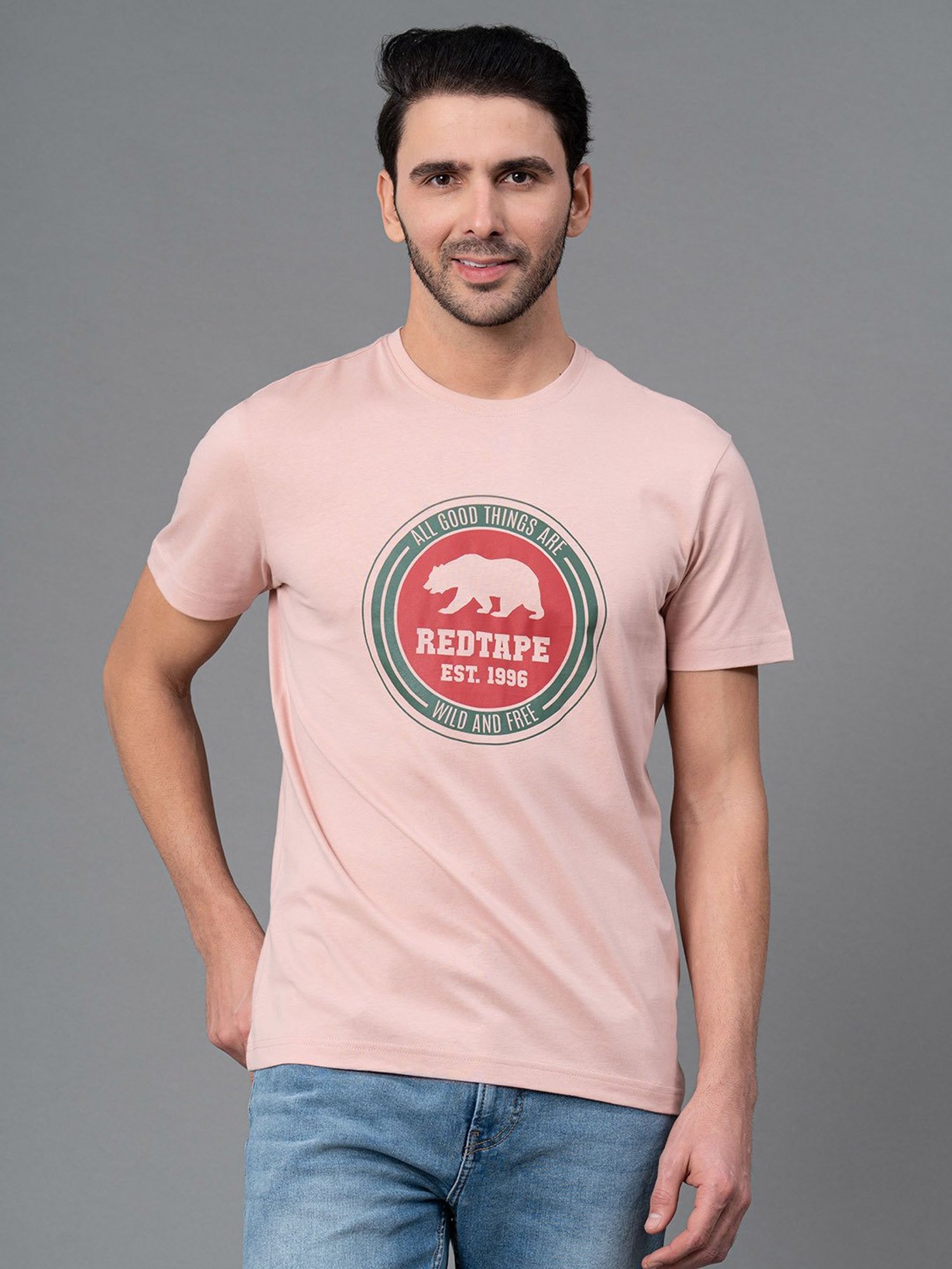 Red Tape Light Pink Regular Fit Graphic Print Cotton Crew T-Shirt