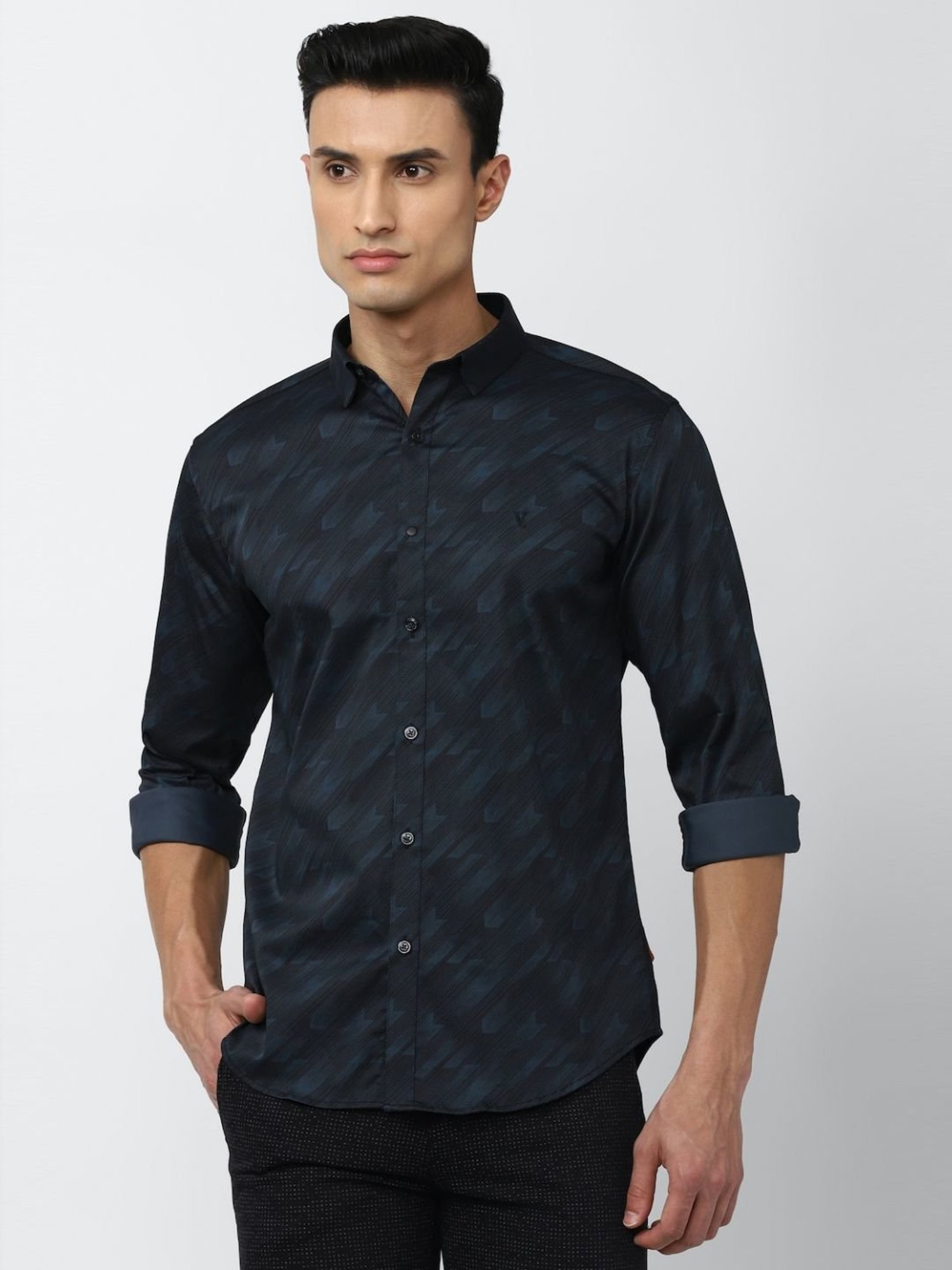 V Dot Grey Slim Fit Printed Shirt