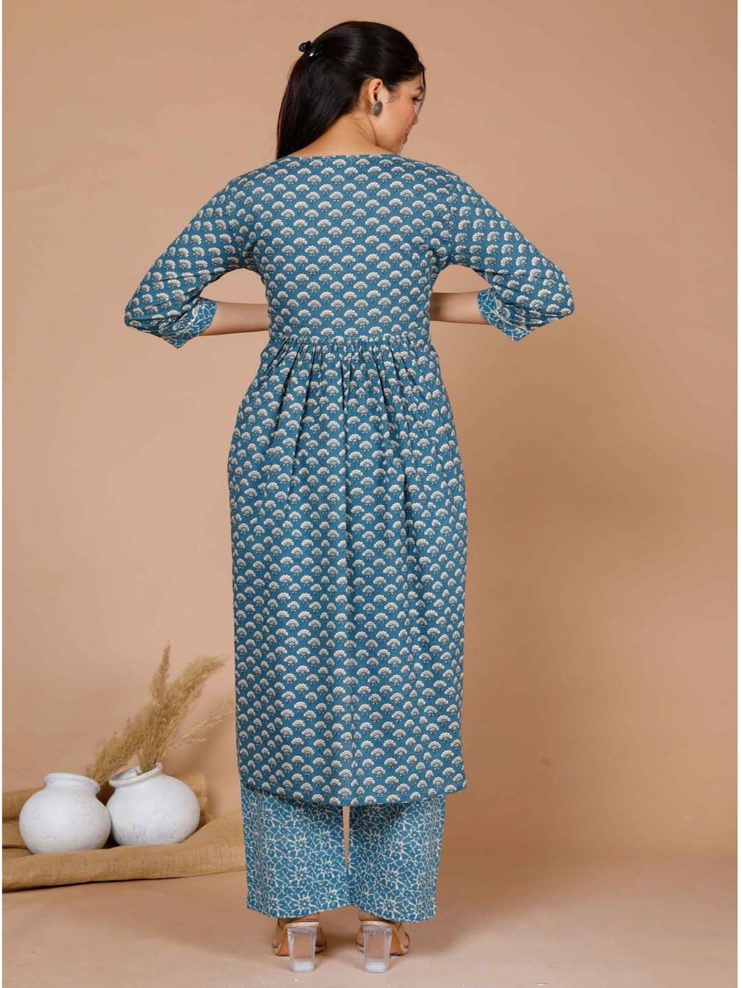 Miravan Blue Cotton Printed Kurta Pant Set With Dupatta