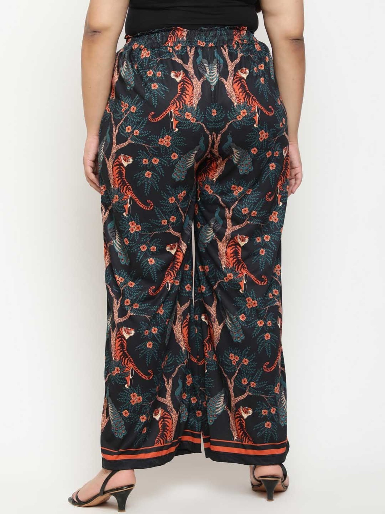 Amydus Jet Black Printed Flared Fit High Rise Pants