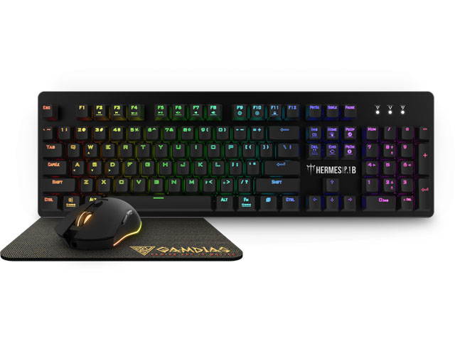 Gamdias Hermes P1B Mechanical Gaming Keyboard with Blue Switches, mouse, and mouse pad.